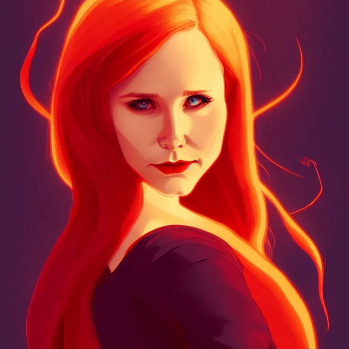 Prompt: style artgerm, joshua middleton, beautiful kristen bell with dark red dress, very long orange hair, symmetrical face, symmetrical eyes, fire powers fire swirling, detailed, volcano setting, [ potato ] cinematic lighting