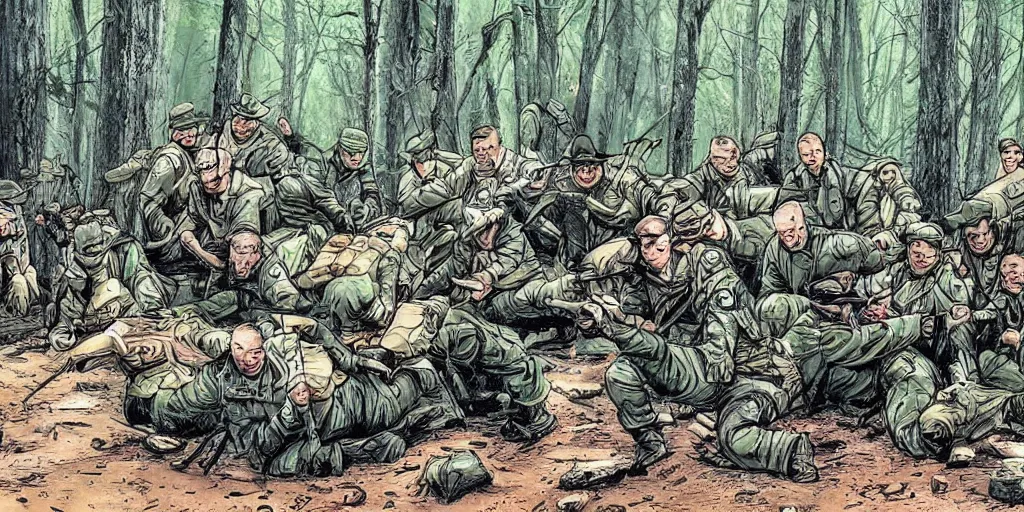 Image similar to really funny accident in finnish army, most insane scene in the forest in the style of action movie by tony scott, people laughing in the woods, campfire and tents, comicbook art by stan lee