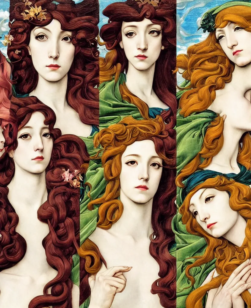 Image similar to the Four Seasons, represented by the 4 Symbolic Muses, in a mixed style of Æon Flux, Shepard Fairey, Botticelli, and John Singer Sargent, inspired by pre-raphaelite paintings, shoujo manga, and cool Japanese street fashion, gradients, iridescence, chromatic aberration, jungian symbols, hyper detailed, super fine inking lines, dramatic color, 4K extremely photorealistic, Arnold render