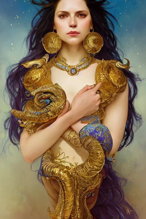 Prompt: a beautiful woman with deep blue, sparkly skin, big ram horns, flowing dress, gold jewellery, dnd, face, fantasy, intricate, elegant, highly detailed, digital painting, artstation, concept art, smooth, sharp focus, illustration, art by artgerm and greg rutkowski and alphonse mucha