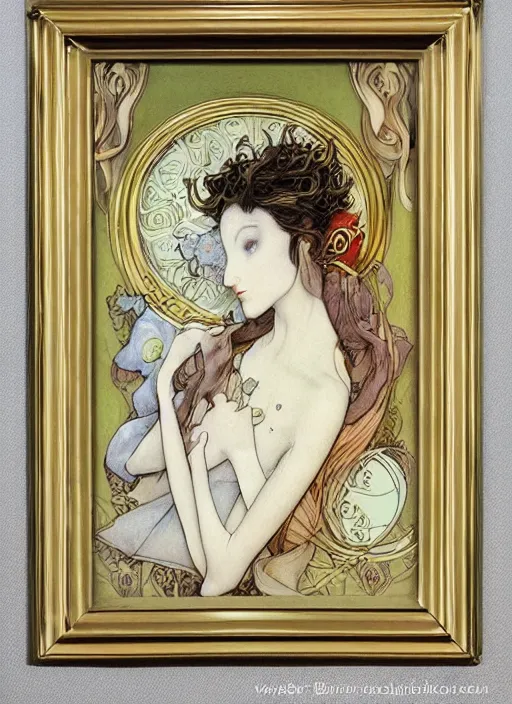 Image similar to blank canvas with an art nouveau picture frame painting by brian froud