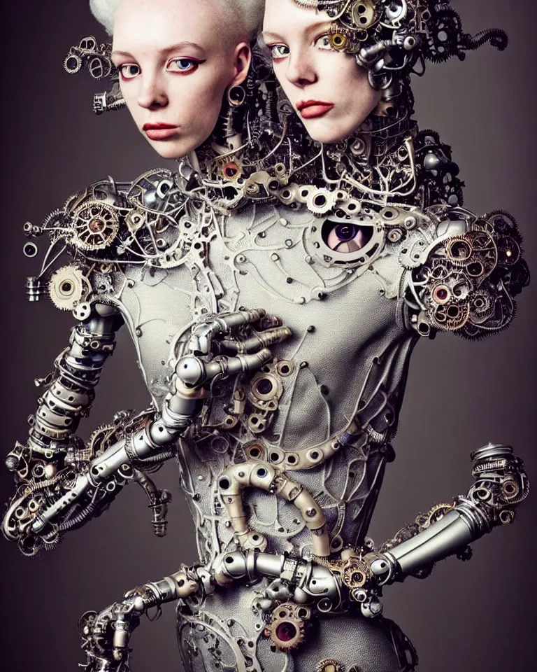 Prompt: highly detailed full body photo of a complex bio-mechanical beautiful young female cyborg with a steampunk metal fine lace face, retrofuturistic depressing hopeless horrific vibe, full shot, full body, pale skin, curled silver metallic hair and a fine metal floral foliage lace collar by Alexander McQueen:: high fashion, haute couture, rococo, steampunk, fine silver filigree details, anatomical, facial muscles, cable wires, microchip, elegant, hyper realistic, 150 mm lens, soft rim light, octane render, unreal engine, volumetric lighting, 8k, muted reflective metallic coloring, sharp focus