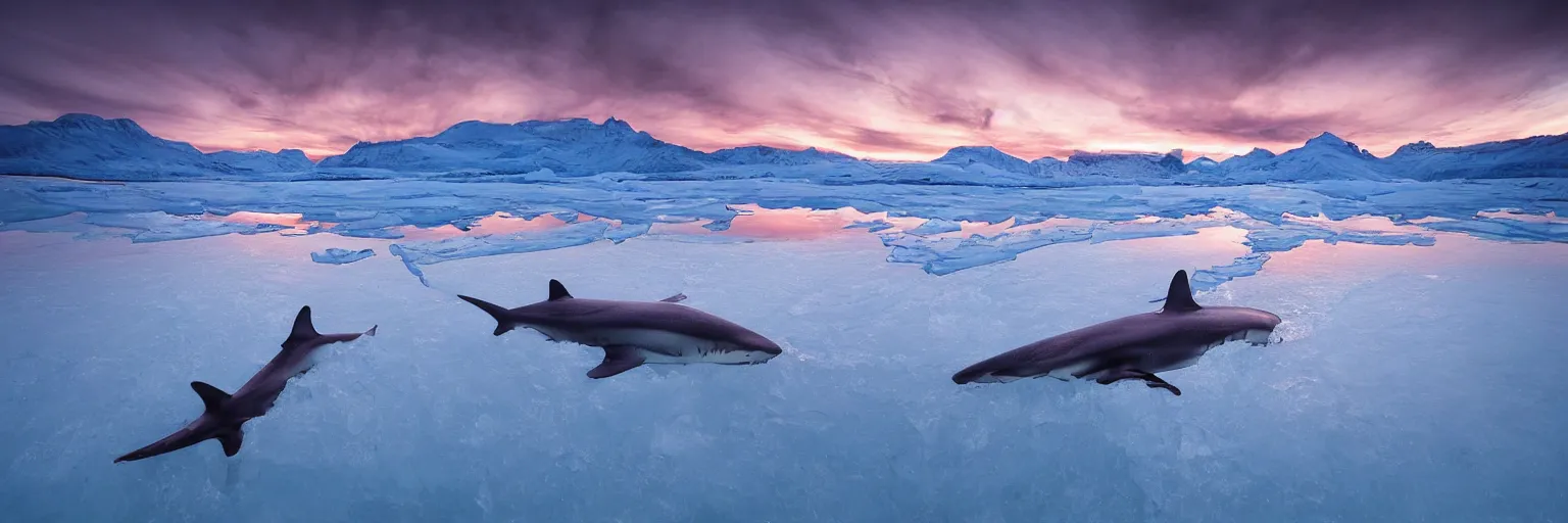 Prompt: amazing landscape photo of a Shark stuck under the ice transparent frozen lake at sunset by marc adamus beautiful dramatic lighting