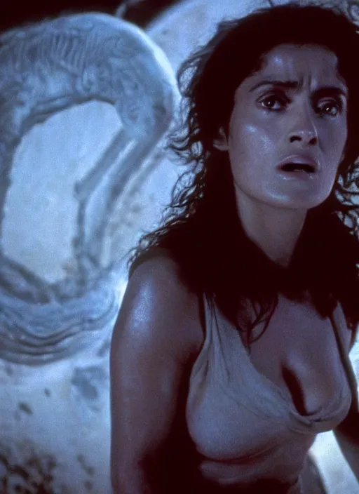 Image similar to film still of salma hayek in the movie Alien, captured in a creamy alien substance, scary, cinematic shot, 4k.