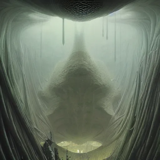 Image similar to epic alien jungle by zdzisław beksinski, greg rutkowski inside a giant futuristic space by zaha hadid, inspired by the movie matrix