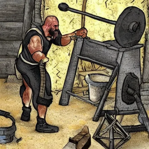 Image similar to triple h as blacksmith, medieval scene, creating his hammer!!!