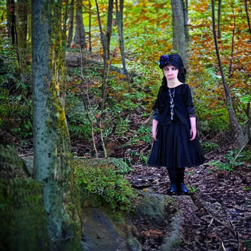 Image similar to goth girl, 7 years old, nature photography