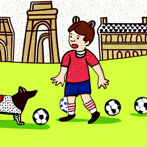 Image similar to illustration of french boy in paris playing football against a corgi, the corgi is wearing a polka dot scarf