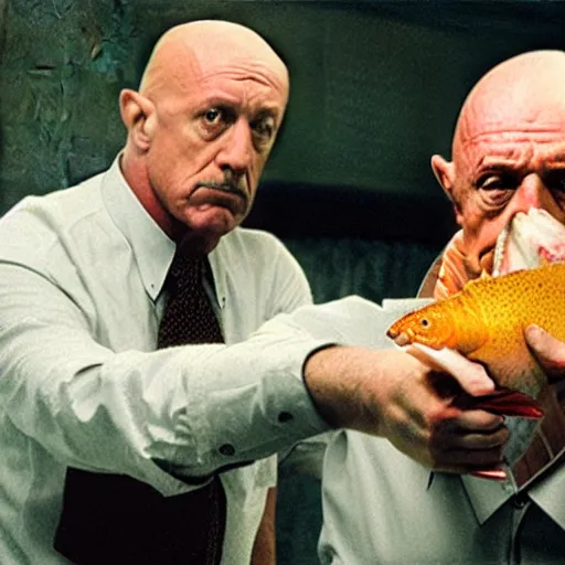 Image similar to mike ehrmantraut fighting another mike ehrmantraut holding a big trout fish big heads from breaking bad and better call saul