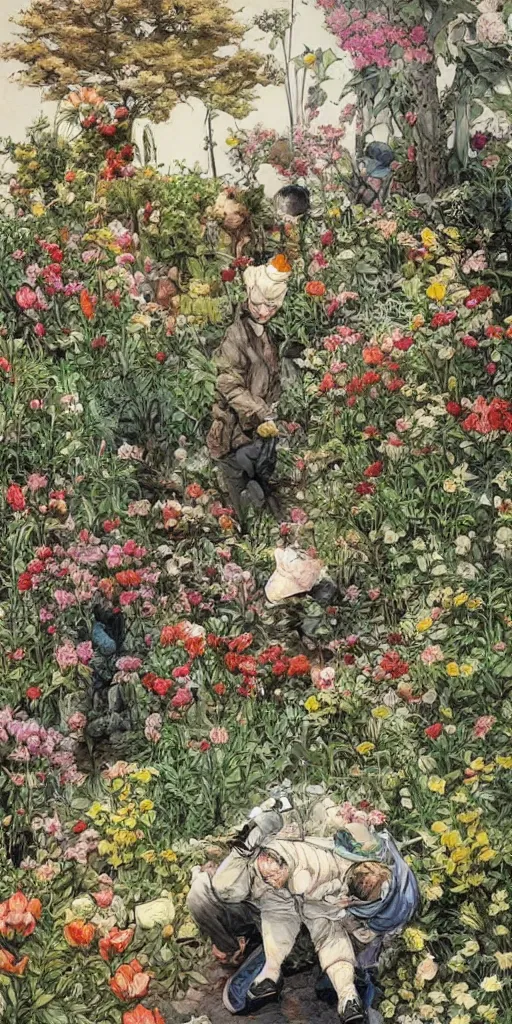 Prompt: oil painting scene from gardeners in the flower garden by kim jung gi