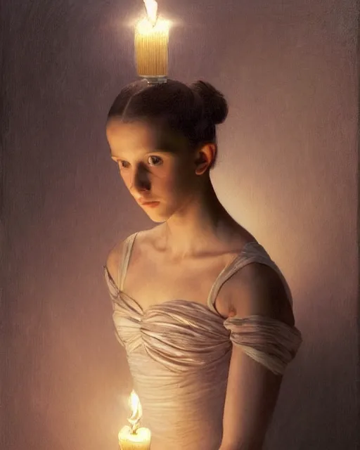 Image similar to a shadowy portrait painting of a shy, blushing 1 6 - year old alicia vikander or millie bobby brown in a leotard lit by candlelight at night, intricate, elegant, highly detailed, artstation, concept art, by krenz cushart and donato giancola and william adolph bouguereau and alphonse mucha