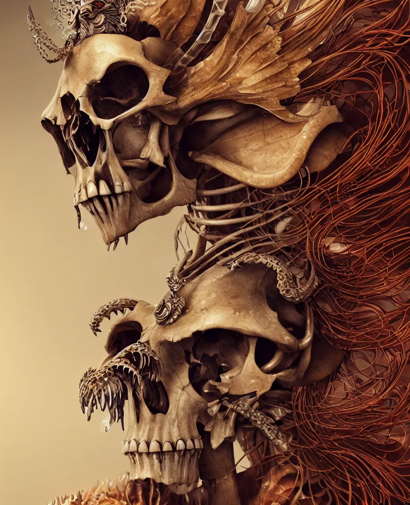 Image similar to close-up macro portrait of the face of a beautiful princess with ram animal skull mask, epic angle and pose, ribcage skeleton symmetrical artwork, 3d with depth of field, blurred background, cybernetic jellyfish female face phoenix bird, translucent, nautilus, energy flows of water and fire. a highly detailed epic cinematic concept art CG render. made in Maya, Blender and Photoshop, octane render, excellent composition, cinematic dystopian brutalist atmosphere, dynamic dramatic cinematic lighting, aesthetic, very inspirational, arthouse. y Greg Rutkowski, Ilya Kuvshinov, WLOP, Stanley Artgerm Lau, Ruan Jia and Fenghua Zhong