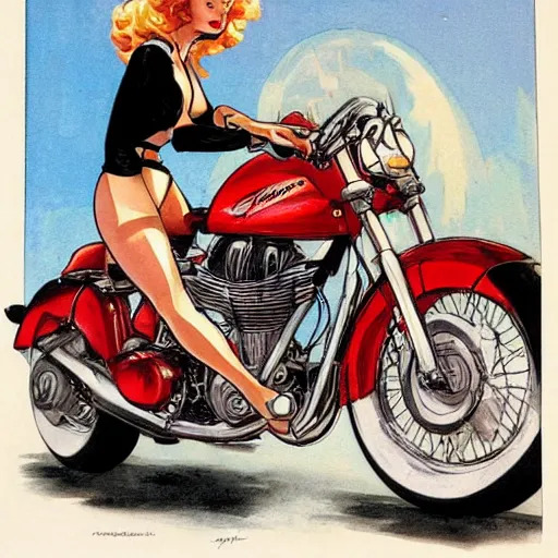 Prompt: a pin up riding a touring motorcycle at high speed, front view, by milo manara