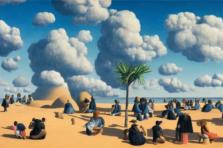 Prompt: impossibile sand structure with a small crowd outside on a tropical island, fluffy clouds, blue sky by magritte and de chirico, oil painting, hyper detailed, masterpiece 4 k