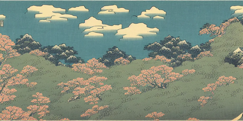 Prompt: mountain landscape with many flowers, by katsushika hokusai and mahmoud sai, intricate, sharp focus, detailed, lively colors, sky, water