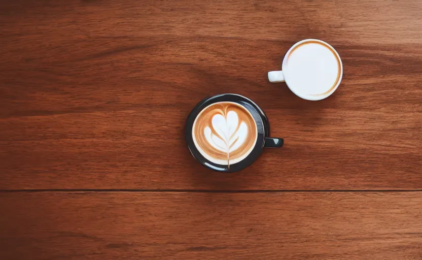 Prompt: top view of a wooden table with a cup of coffee, natural light, cinematic lighting, 8 k