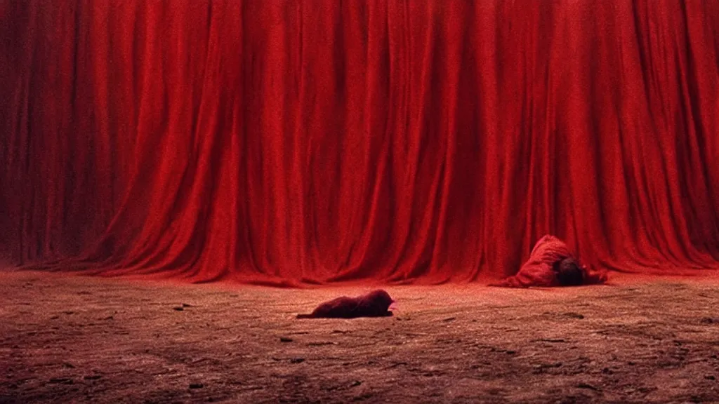 Image similar to a strange creature pushes up from underneath a sea of red cloth, film still from the movie directed by Denis Villeneuve with art direction by Zdzisław Beksiński, wide lens