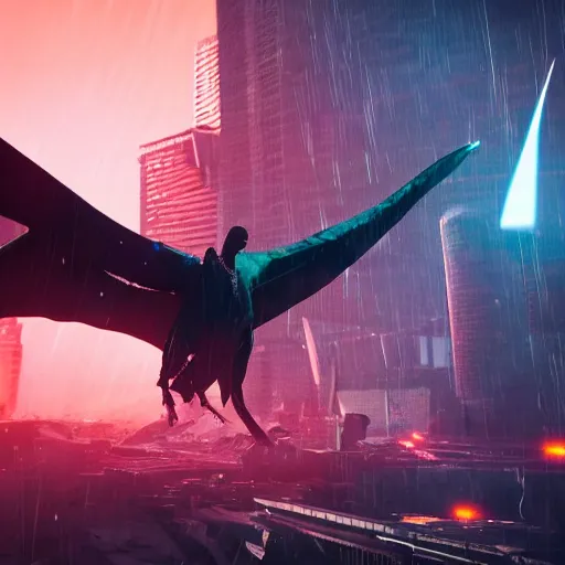 Prompt: a closeup portrait of a pterodactyl shooting lasers from is eyes flying over a destroyed city cyberpunk, fantasy, 4 k, octane render