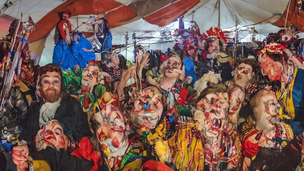 Image similar to of a gang of circus clowns, drinking alcohol, inside a circus tent, 4K