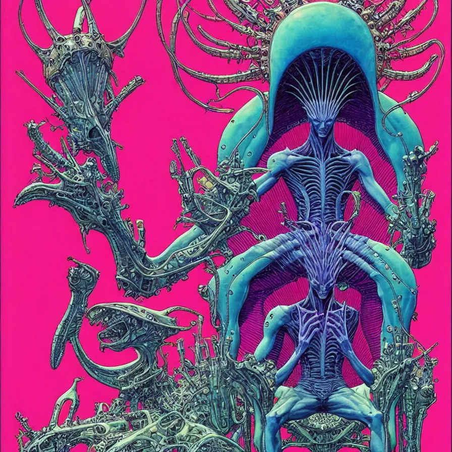 Image similar to ( ( ( ( an alien king sitting on a throne, with decorative frame design ) ) ) ) by mœbius!!!!!!!!!!!!!!!!!!!!!!!!!!!, overdetailed art, colorful, artistic record jacket design