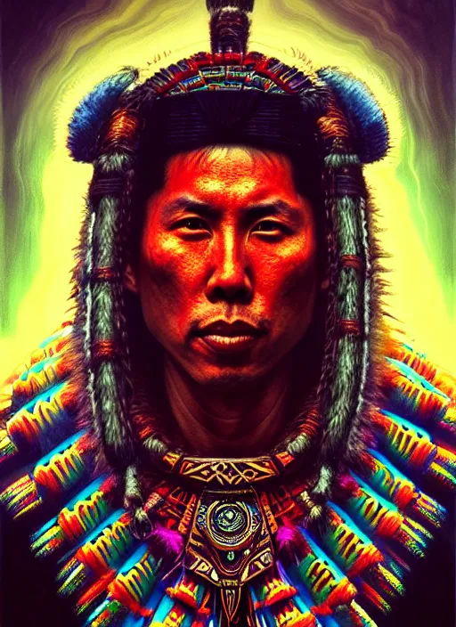 Prompt: portrait of donnie yen, hyper detailed ultra sharp aztec shaman warrior. trending on artstation, warpaint aesthetic, bloodwave, colorful, psychedelic, ornate, intricate, digital painting, concept art, smooth, sharp focus, illustration, art by artgerm and greg rutkowski and h. r. giger, 8 k