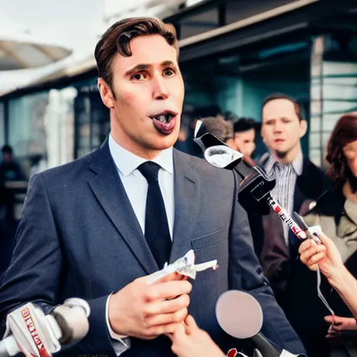 Prompt: a serious news reporter with handsome symmetric face holding a frankfurter sausage in his hand, close to his face, sausage as microphone, breaking news