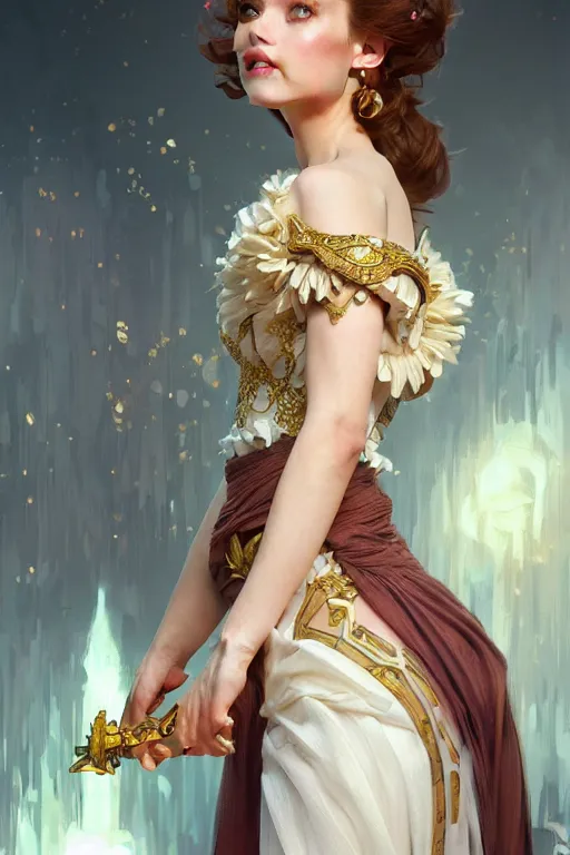 Image similar to Princess Daisy, fantasy, intricate, elegant, highly detailed, digital painting, artstation, concept art, matte, sharp focus, illustration, art by Artgerm and Greg Rutkowski and Alphonse Mucha