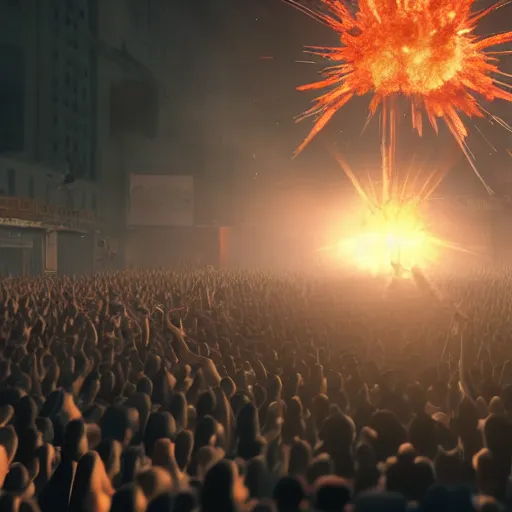 Image similar to the biggest mosh pit in the world, punks throwing Molotovs in the air, fighting, flame and fire, glowing upside cross, cinematic, epic, volumetric, godrays, dynamic lighting, dust flying up into the air, people shooting into the air with guns, octane render, photorealistic, unreal engine, artstation, artstation trending, artstation hq, artstation hd, Pinterest, 8k, ultra detailed, ultra realistic,