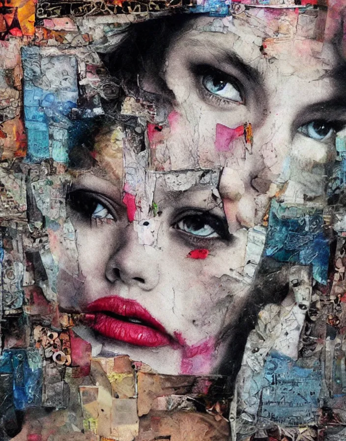 Prompt: fallen young girl detailed analogue mixed media collage with canvas texture in style of contemporary art, punk art, hyperrealistic beautiful face, photorealistic, expressionism, masterpiece, perfect composition, spectacular quality, intricate oil details