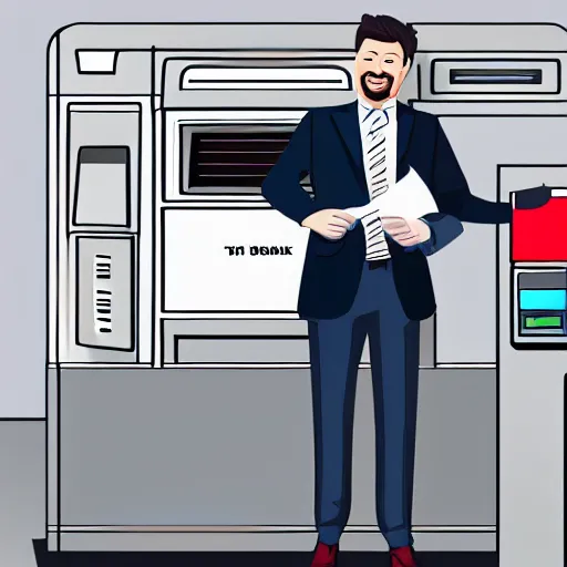 Image similar to hyperrealistic painting image where a happy businessman appears behind a ticket printing machine