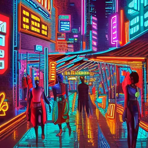 Image similar to ndebele cyberpunk city of the future, bustling street scene, ndebele neon lights, ndebele fashion, high definition, detailed, futuristic, night scene, realistic