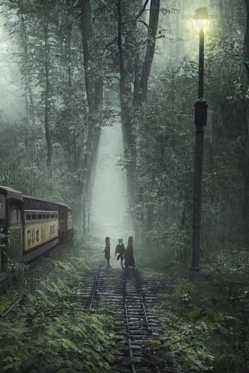 Image similar to Girl standing on the left at the old train station looking forward to the train, old train heading to station with lights on, dense creepy forest with a lot of detail, the tracks covered with vegetation, highly detailed, matte painting, 4k, 8k resolution, trending on artstation, octane render, unreal engine, cinematic