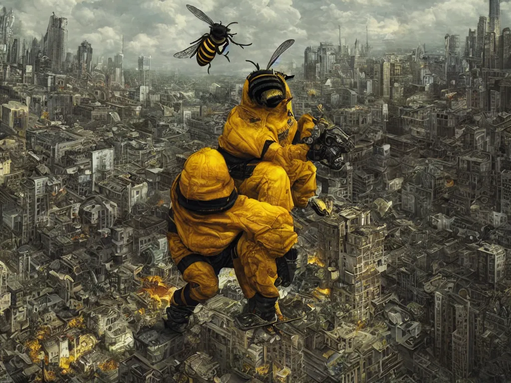 Image similar to Hooligan bee squatting on suburbia. Photorealistic, lifelike, Unreal Engine, sharp, sharpness, detailed, 8K, by Gerald Brom, Dan Mumford