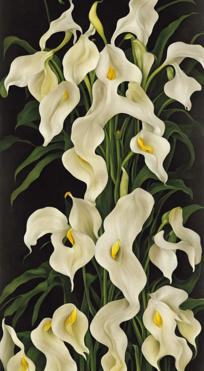 Image similar to portrait of a cream colored havanese dog with a bouquet of calla lillies, mexico, painting by diego rivera realism 1 9 3 5