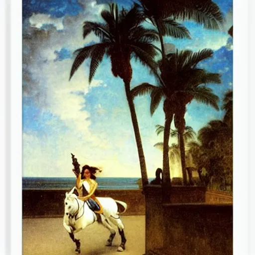 Image similar to Girl riding a horse leaving the palace through the bridge, thunderstorm, beach and palm trees on the background major arcana sky, by paul delaroche, alphonse mucha and arnold böcklin arnold böcklin hyperrealistic 8k, very detailed