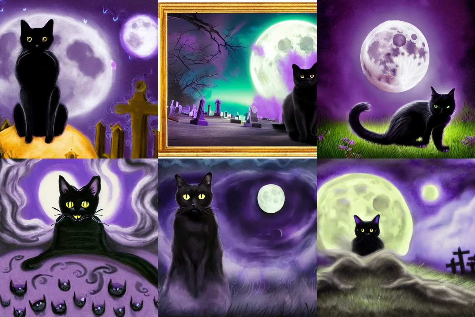 Prompt: a black cat wearing cloak with purple mist swirling around it's feet in a graveyard at night with full moon in the sky, hyper realistic, detailed, masterpiece, award winning, 8 k hd