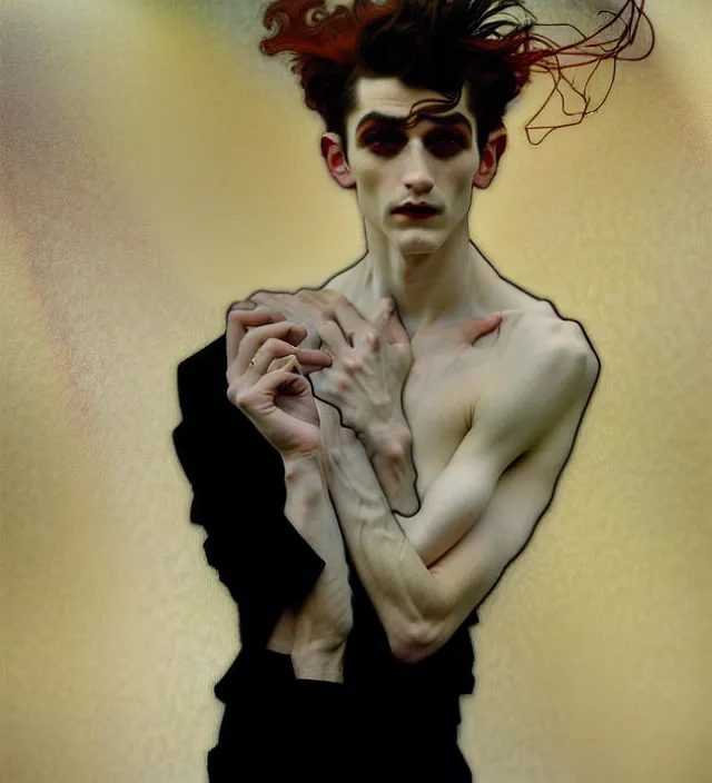 Prompt: stunning portrait of highly details androgynous e as desire from sandman, rockabilly style, white suit and black tie,, by egon shiele and alphonse mucha, with influence of jeremy mann, peter lindbergh, dave mckean, maurice sapiro, and frank moth, soft lightning, highly detailed, 8 k
