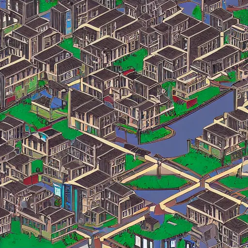 Image similar to japanese town, neighborhood, modern neighborhood, japanese city, underground city, modern city, tokyo - esque town, 2 0 0 1 anime, cel - shading, compact buildings, sepia sunshine