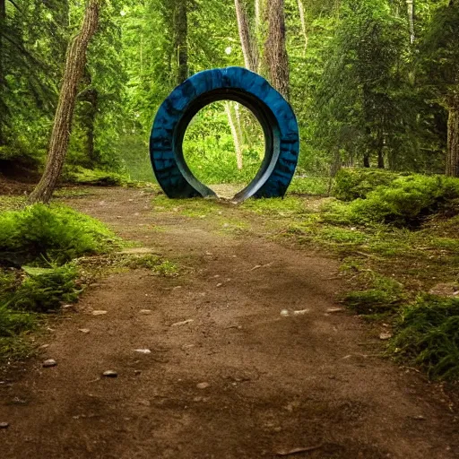 Image similar to a stargate made of stone with embedded blue glowing runes in the middle of a green forest with a beam of light