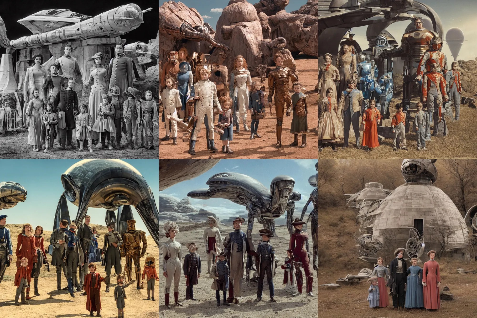 Prompt: sharp, detailed, 1024k film still from a sci fi blockbuster color movie made in 2019, set in 1860, of a family standing in front of a spaceship that has just landed on an alien planet, a humanoid alien creature stands nearby, the family are all wearing 1860s era clothes, good lighting, good photography, sharp focus