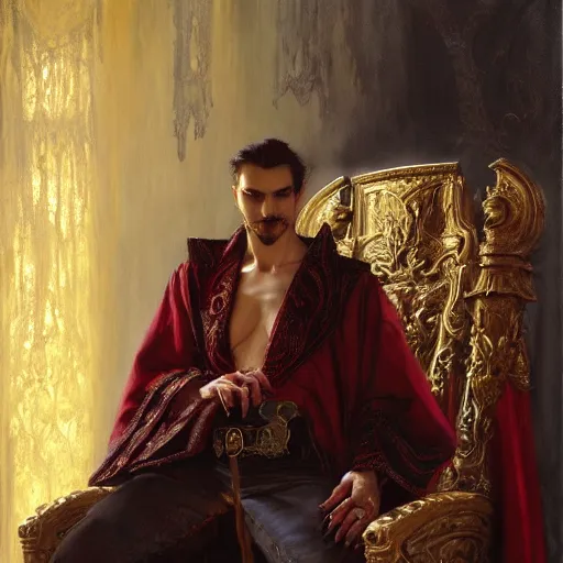 Image similar to perfectly centered portrait of attractive vampire king in a robe sitting on a throne of bones, highly detailed painting by gaston bussiere, craig mullins, j. c. leyendecker, 8 k