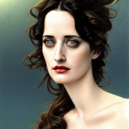 Image similar to beautiful detailed picture of eva green, fully clothed, radiant light, art nouveau, intricate, elegant, highly detailed, symmetrical face, my rendition, digital painting, artstation, concept art, smooth, sharp focus, illustration, art by artgerm and greg rutkowski and alphonse mucha