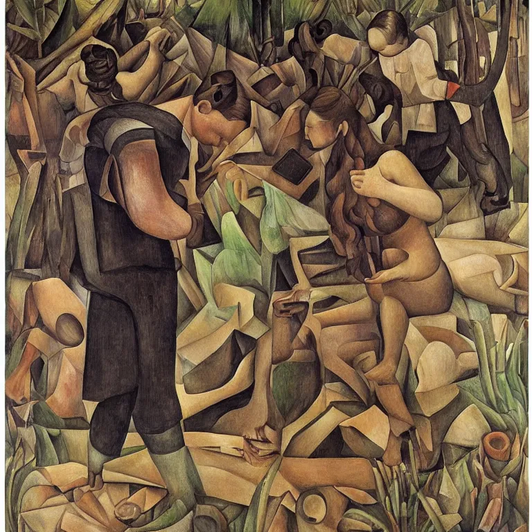 Image similar to a girl smash her phone in the yard, diego rivera and georg scholz, highly detailed