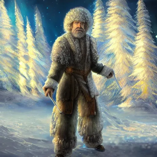 Image similar to Detalied full body painting of a Bob Ross of Ice and Snow in a fantasy art style, digital art, ultra detailed, light particles,mystic, cineamatic shot