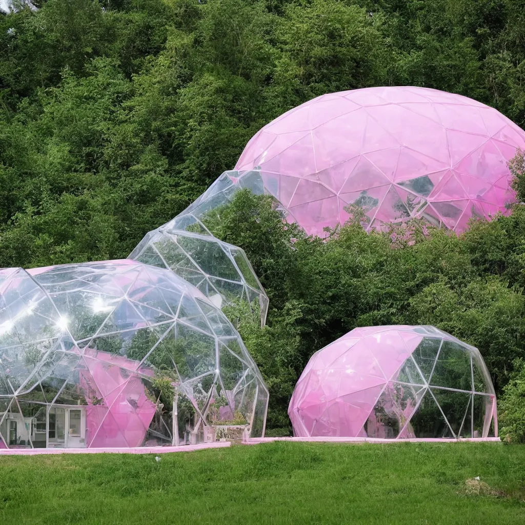 Prompt: an inflatable geodesic house made of clear pink plastic sheeting. The house is made of 3 inflated bubbles. The inflated house sits in a lake on the edge of a forest. A family is living inside the bubble house and it is furnished with contemporary furniture and art. There is a garden party outside the house with many people attending. There are cows in the foreground eating the grass. ultra wide shot, coronarender, 8k, photorealistic