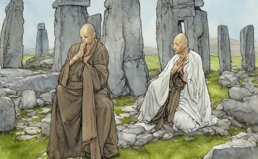 Image similar to a realistic and atmospheric watercolor fantasy concept art of giant monk in grey robes sitting in stonehenge. in the foreground a small female medieval monk in grey robes is kneeling with her hands by her sides. by rebecca guay, michael kaluta, charles vess