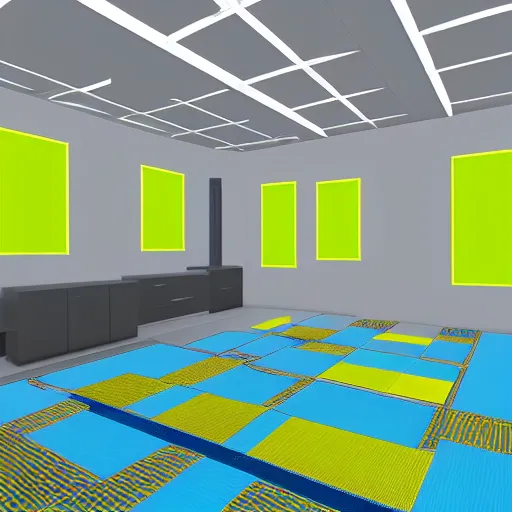 Prompt: an hd photo of a room with recursive geometry, a floating bed, windows to other worlds, bright colors