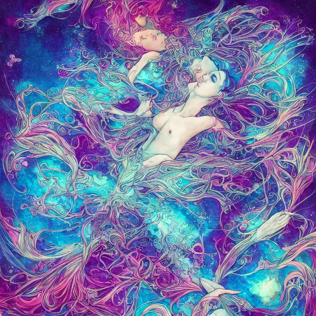 Prompt: in the holy ocean, kaleidoscope, psychedelic, cosmic energy by kelly mckernan, yoshitaka amano, hiroshi yoshida, moebius, artgerm, cool tone gothic colors, inspired by dnd, iridescent aesthetic