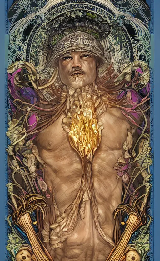 Image similar to a masterpiece hyperdetailed dnd tarot card, magnificent shrigma the mushroom deity as depicted in a colossal greek marble statue ( with godlike bodybuilder physique ), hd tarot card depicting monumental statue of a mushroom god with cute large mushroom hat, hdr, 8 k, artstationhq, digital art