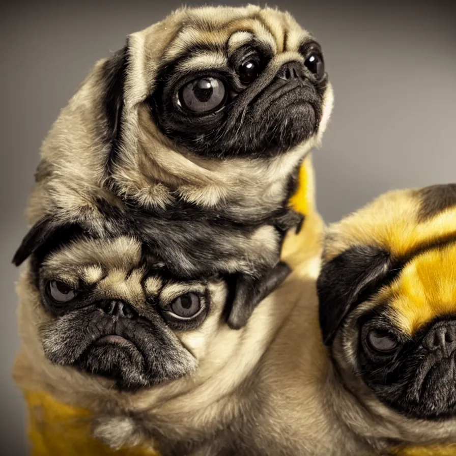 Image similar to bumblebee pug, soft and fluffy, macro photography, high resolution photo, cinematic lighting, beehive interior backgrounds, there is only one bumblepug, solo subject, trending on artstation,